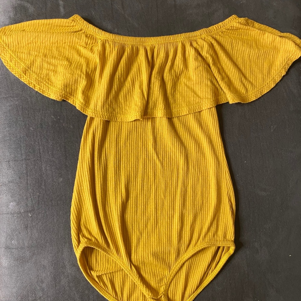 Mustard off the shoulder bodysuit.